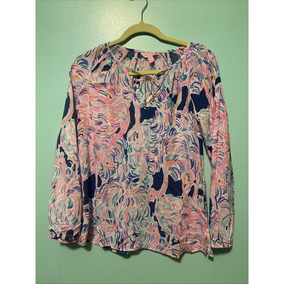 Lilly Pulitzer Women's XS Blouse Tropical Birds Puff Sleeve Boho Hippie Pink Blu - Picture 1 of 12
